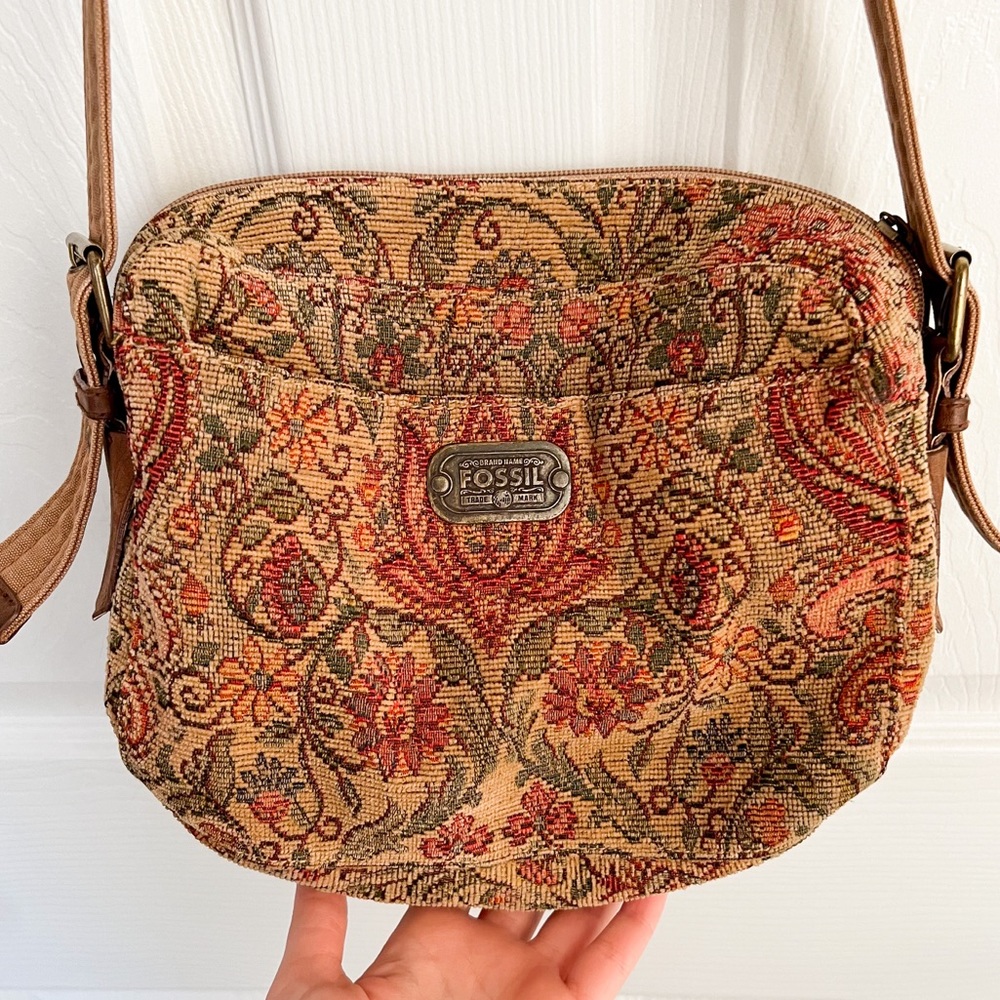 Fossil 🔑 Canvas Shoulder Bag, Vintage Floral Canvas Material, Bohemian Dream